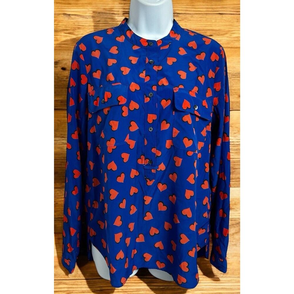Gap Blouse Blue Heart Print Blouse Sz Small Long-Sleeve Half Button Front